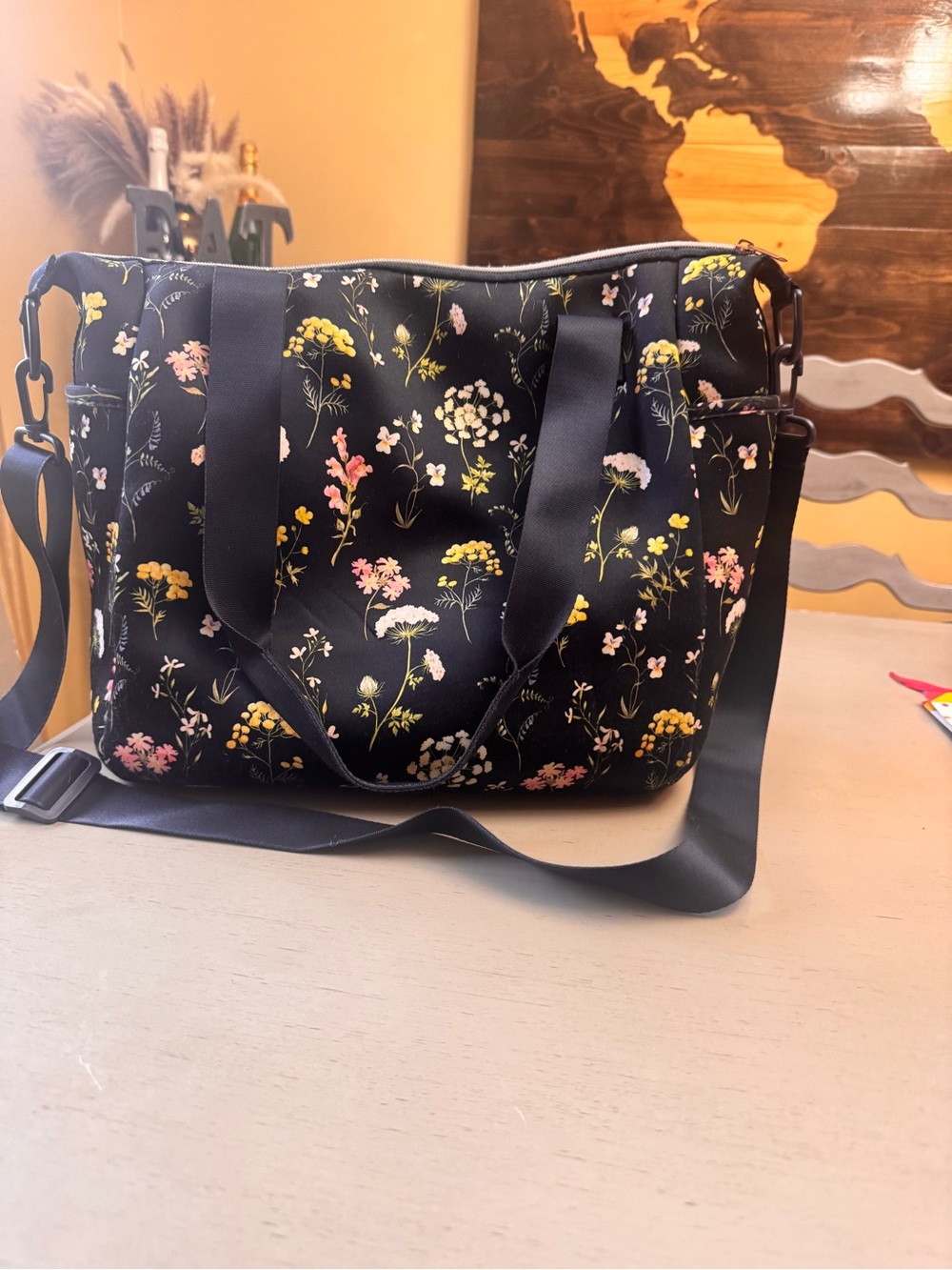 Floral Black Nylon Duffle Bag with Adjustable Strap and Pockets EUC